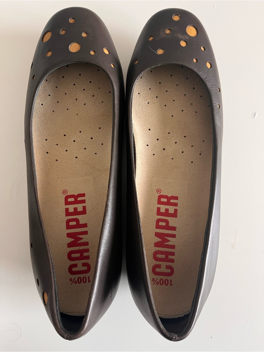 Camper Women's Black Flats with Gold Dot Accents